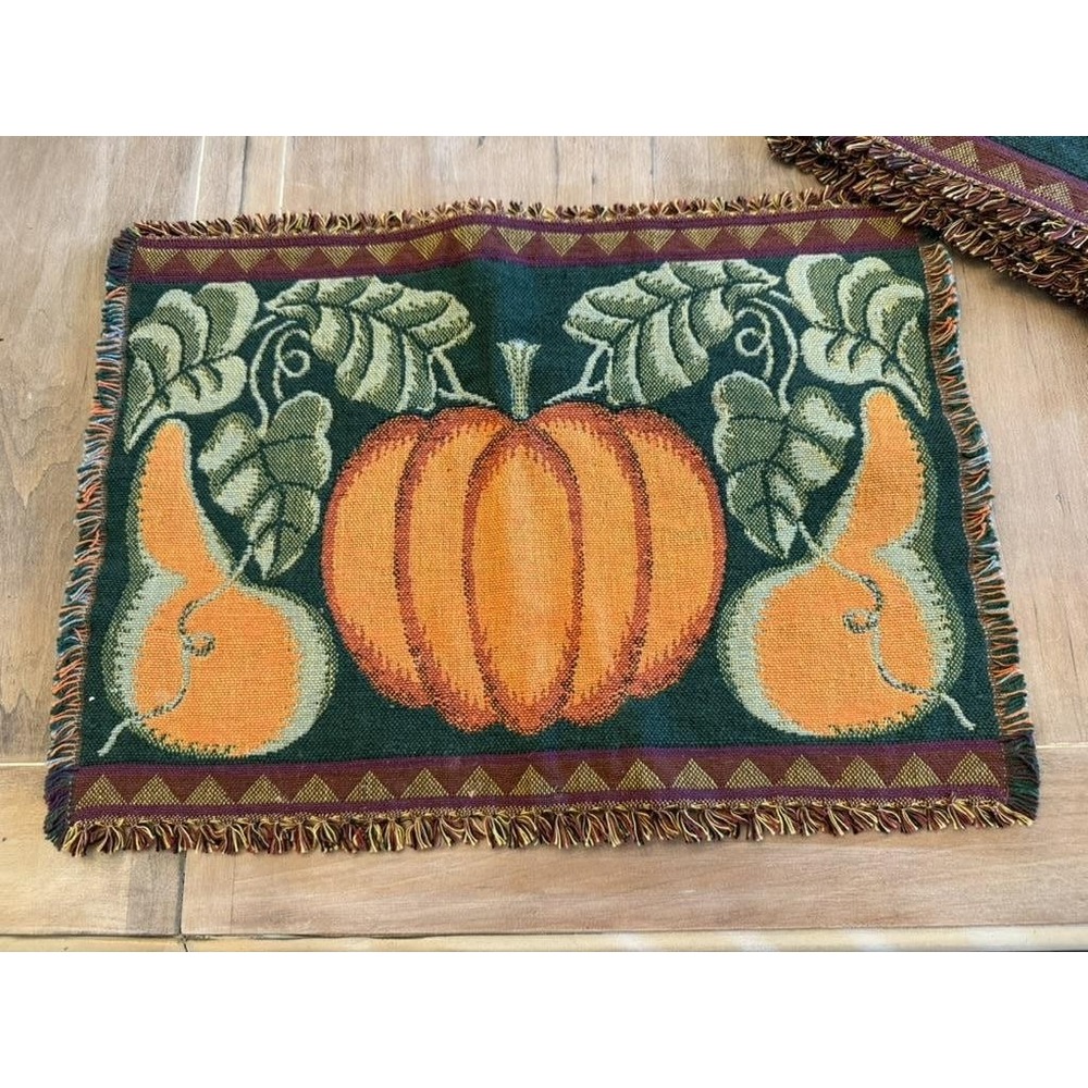 Vintage‎ Fall Pumpkin Gourds Tapestry Placemats Set Woven Fringe Autumn Decor